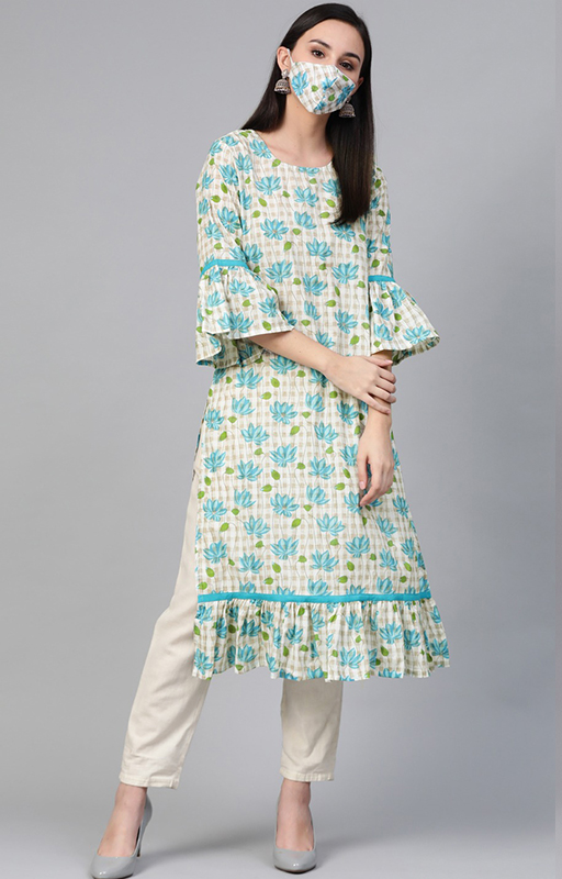 Off-White And Blue Kurti With Floral Printed Mask 