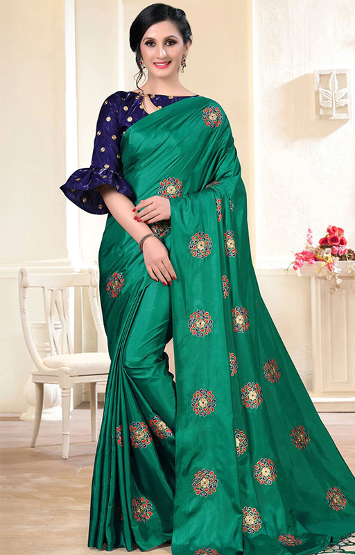 Peacock Green Floral Embroidered Saree