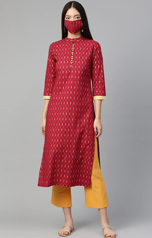 Printed Straight Kurti With Mask