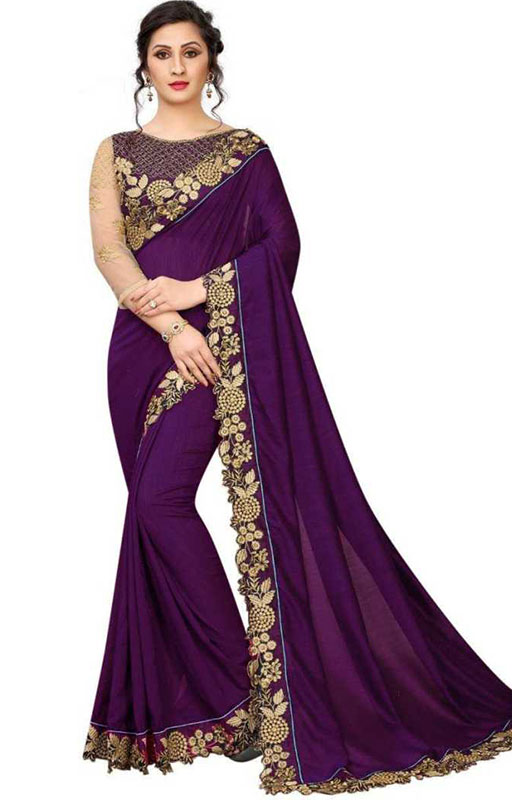 Purple Embroidered Cut Border Work Saree
