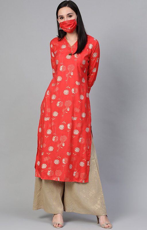 Red And Off White Floral Print Kurta 