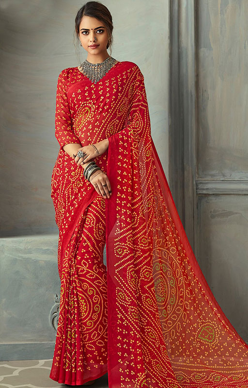 Red Chiffon Bandhani Printed Saree