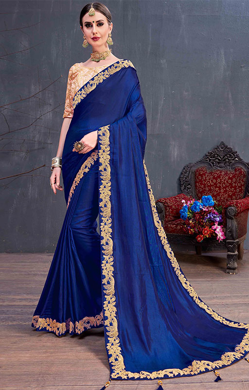 Royal Blue Silk Saree With Embroidered Border