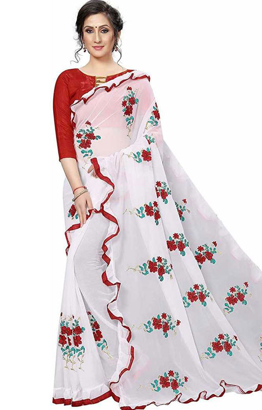 White Ruffle Embroidered Saree