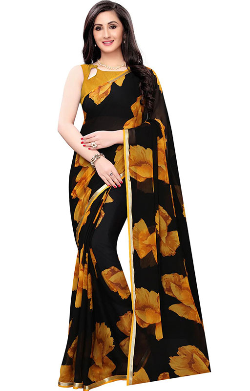 Yellow And Black Chiffon Saree 