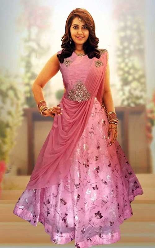 A pink, embroidered saree-gown