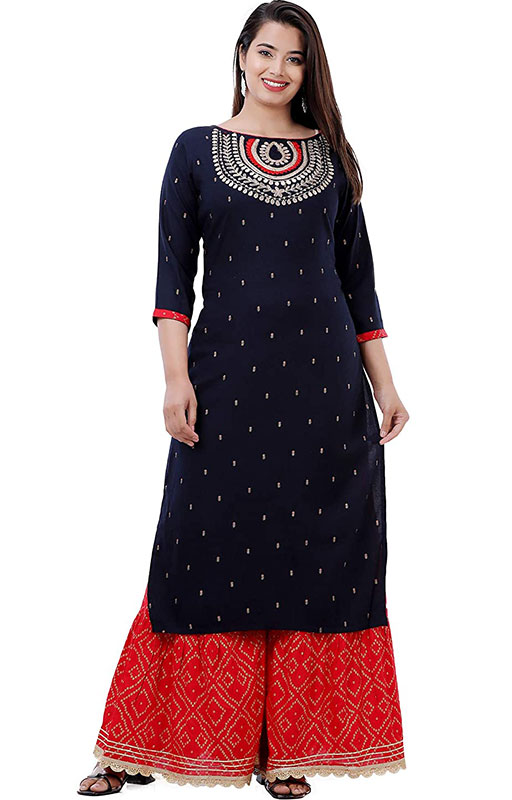 Ashta Vinayak Creations Women's Casual Rayon Embroidered Straight Kurti With Sharara