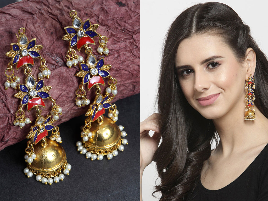 Gold-Plated & Blue Dome Shaped Enamelled Jhumkas