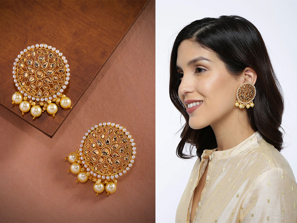 Gold-Toned Circular Traditional Dangling Pearl Drop Earrings