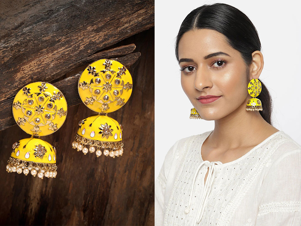 Gold-Toned & Yellow Dome Shaped Jhumkas