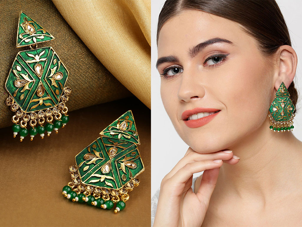 Green Gold-Plated Stone-Studded & Beaded Handcrafted Geometric Drop Earrings