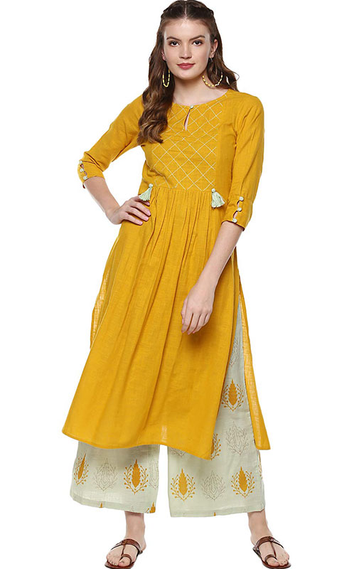 Idalia Women's Mustard And Sage Green Cotton Kurta