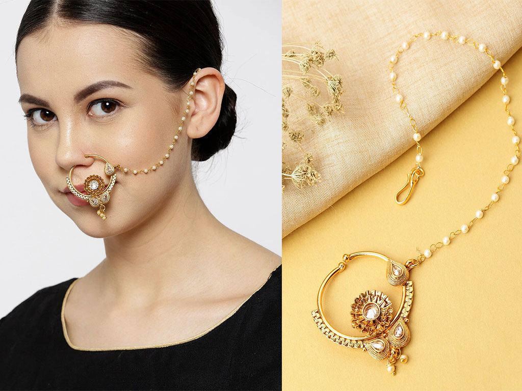 Kundan Clip On Nose Ring With Chain 