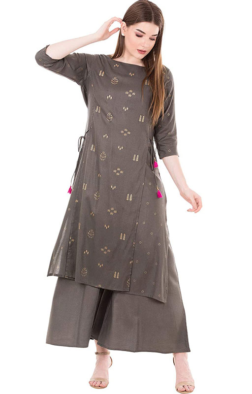 Ortange Women's Rayon Gold Printed Kurta And Palazzo