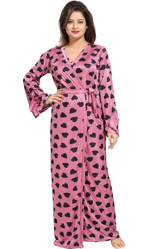 Pink Nighty With Printed Robe 