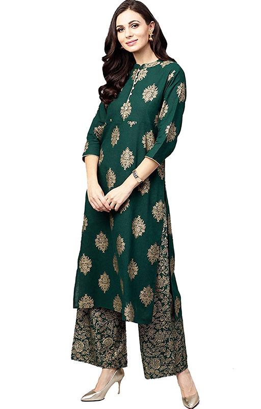 Pinkcity Shades Women Green & Golden Printed Kurta with Palazzo