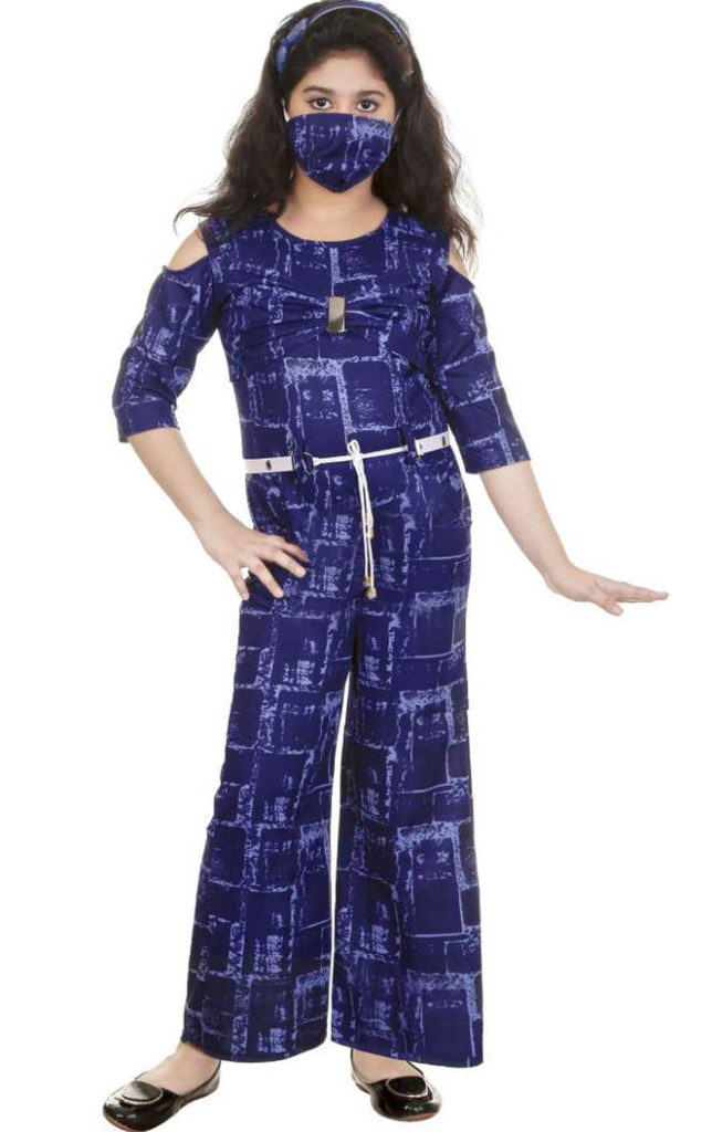 Blue Printed Jumpsuit With Mask 