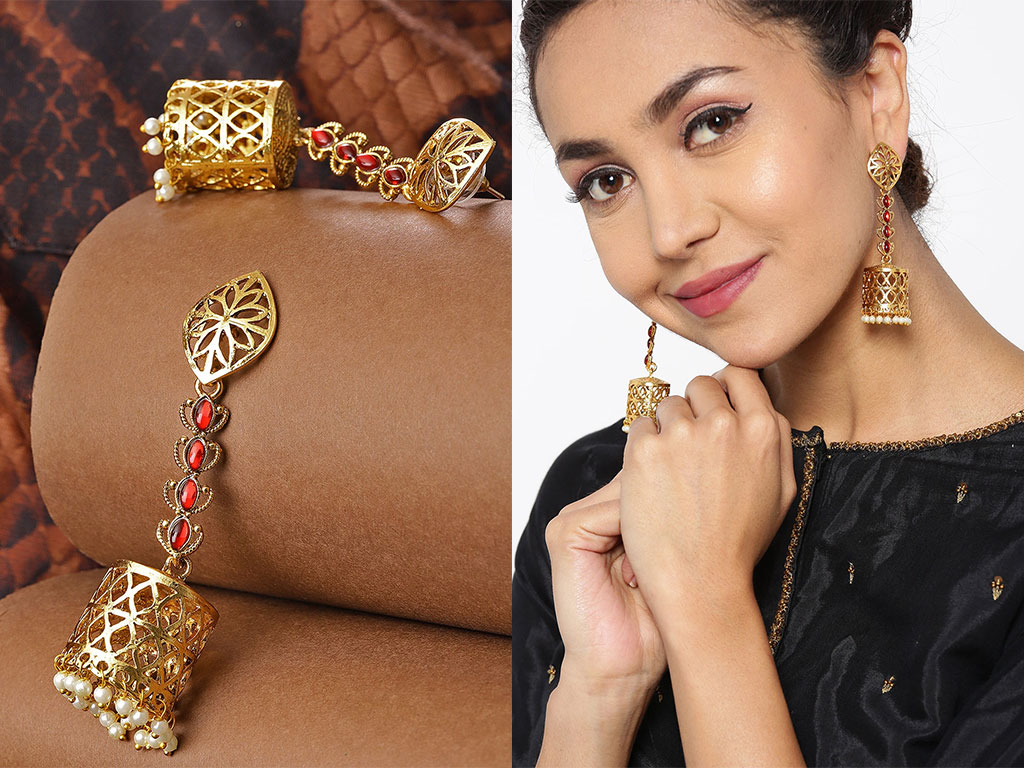 Red Gold-Plated Handcrafted Stone-Studded Beaded Dome Shaped Jhumkas