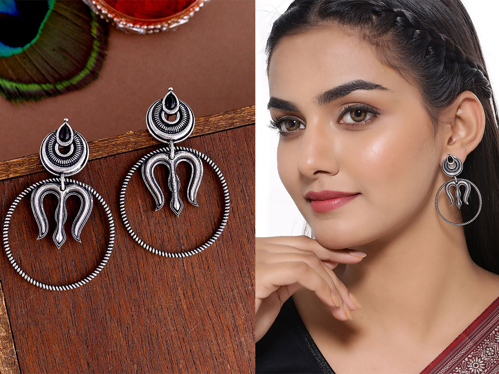Silver-Toned & Black Oxidised Circular Drop Earrings
