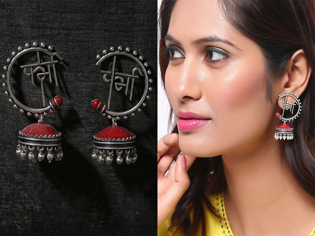 Silver-Toned & Red Dome Shaped Oxidised Jhumkas