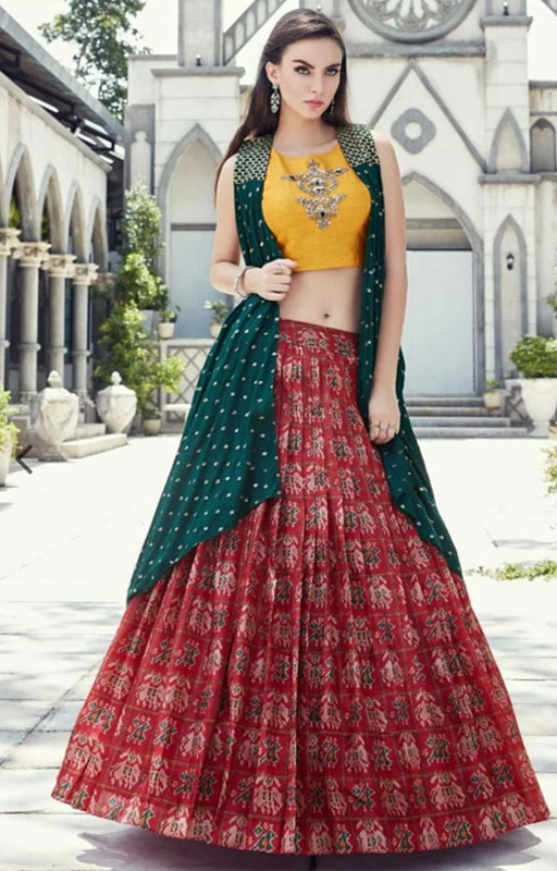 Cherry Red Lehenga With Rama Green Jacket