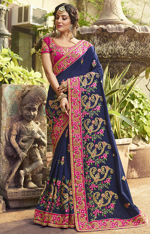Dark Blue Embroidered Art Silk Saree