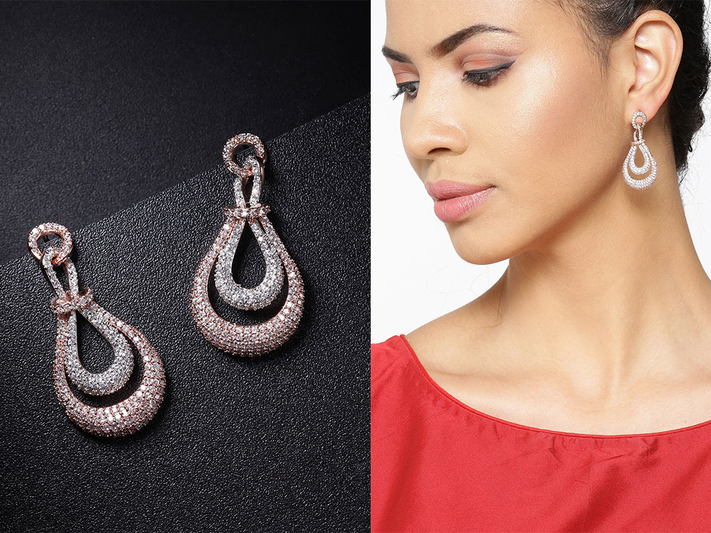 Rose Gold-Plated Stone Studded Handcrafted Teardrop Shaped Drop Earrings Set