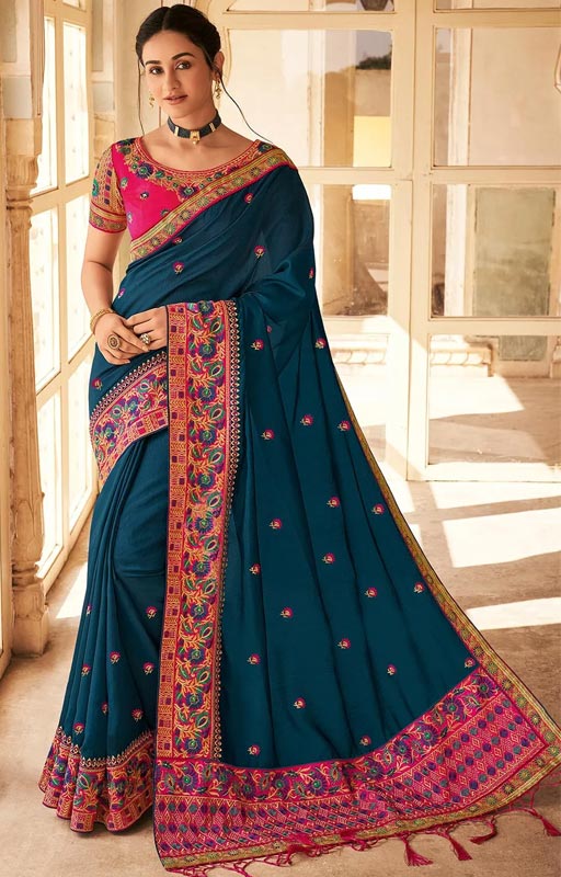 Embroidered Art Silk Saree in Teal Blue