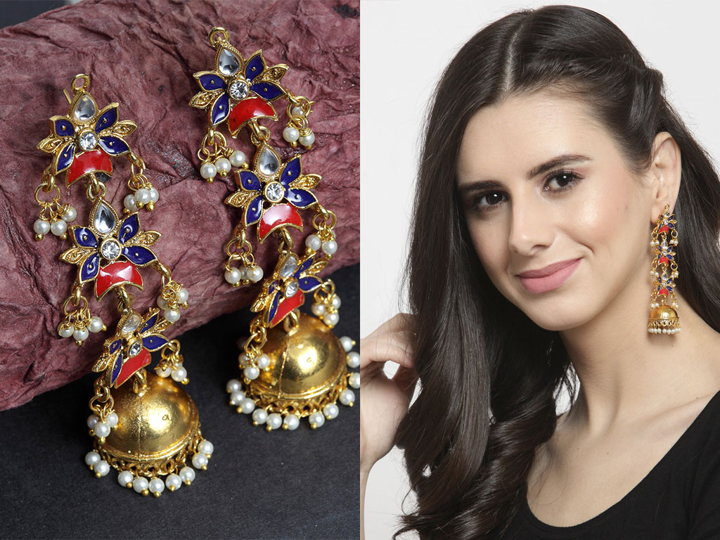 Gold-Plated & Blue Dome Shaped Enamelled Jhumkas