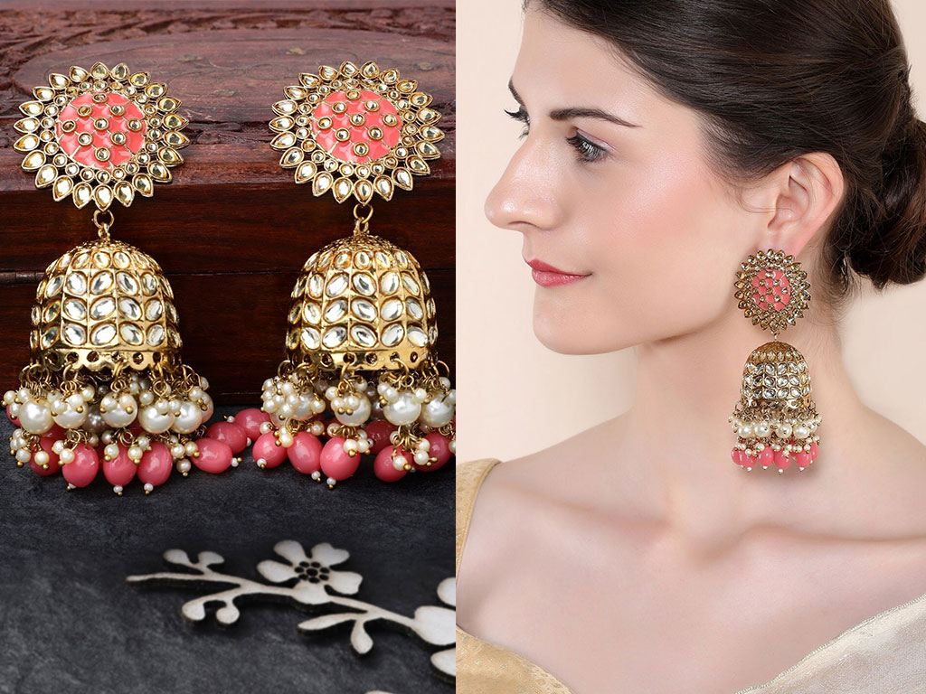 Gold-Plated & Pink Enamelled Handcrafted Classic Jhumkas