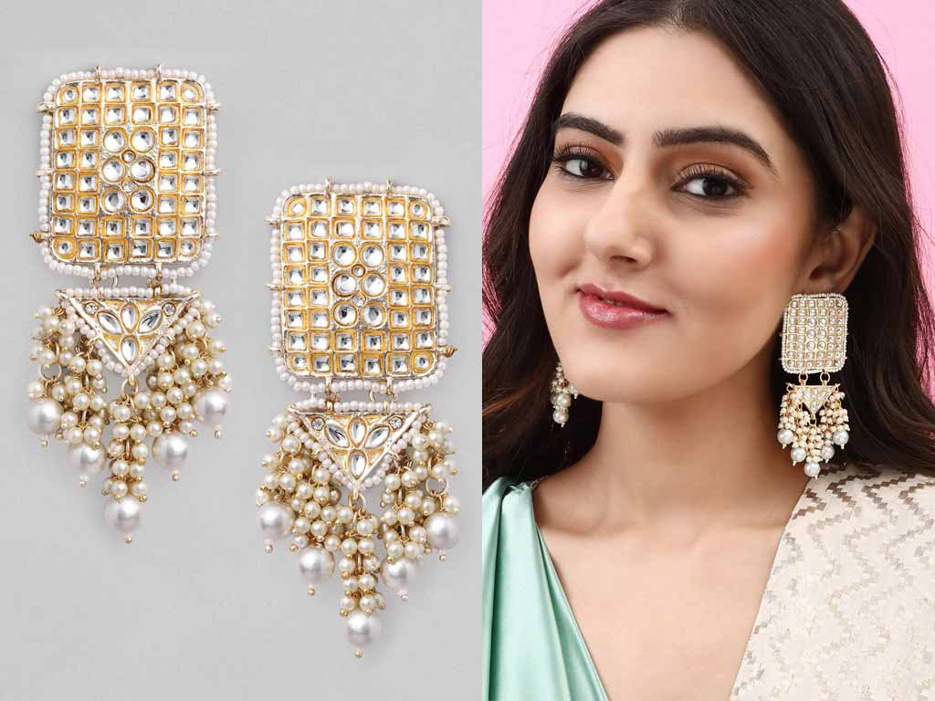 Gold-Plated Silver-Toned & White Kundan Contemporary Drop Earrings