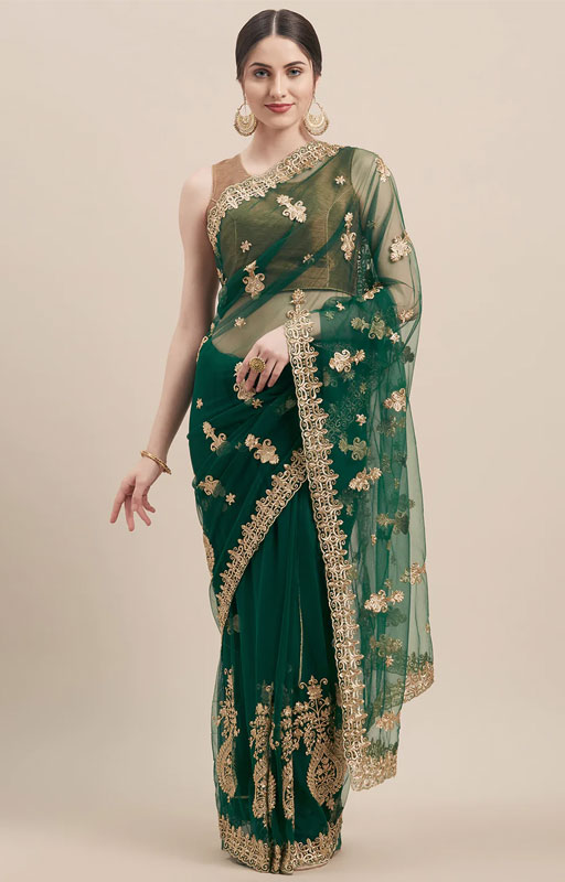 Green Net Embroidered Saree