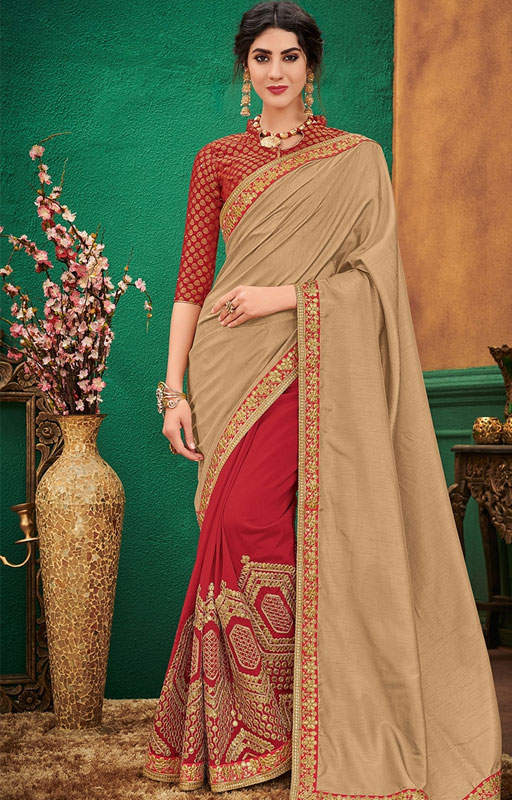 Half And Half Red Embroidered Saree