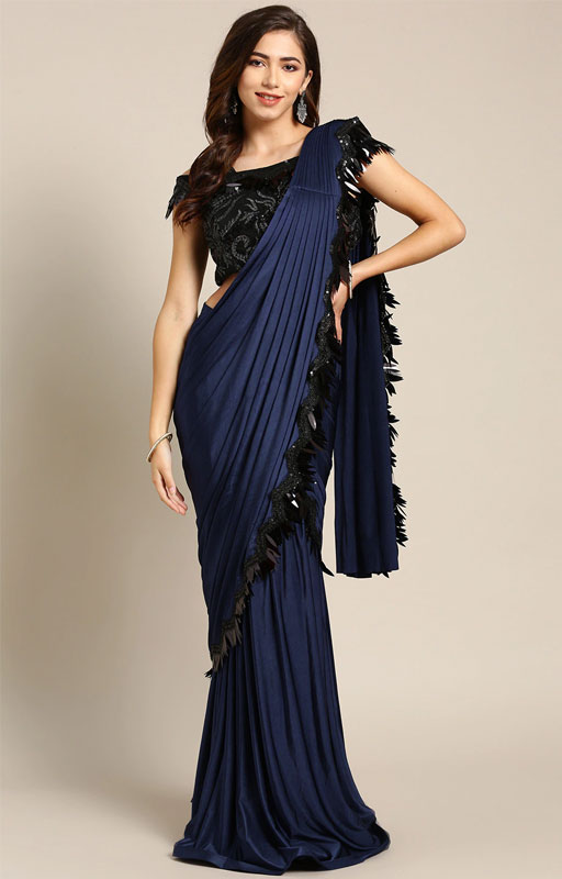 Navy Blue Solid Ready to Wear Saree