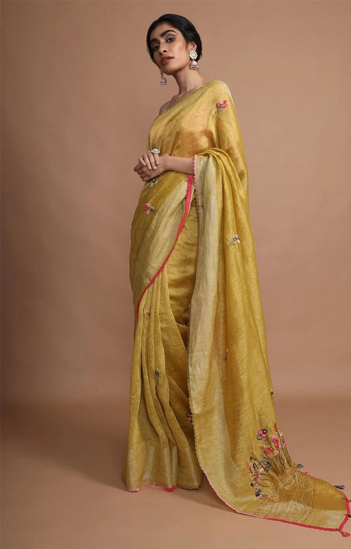 Ochre Yellow Tussar Silk Saree