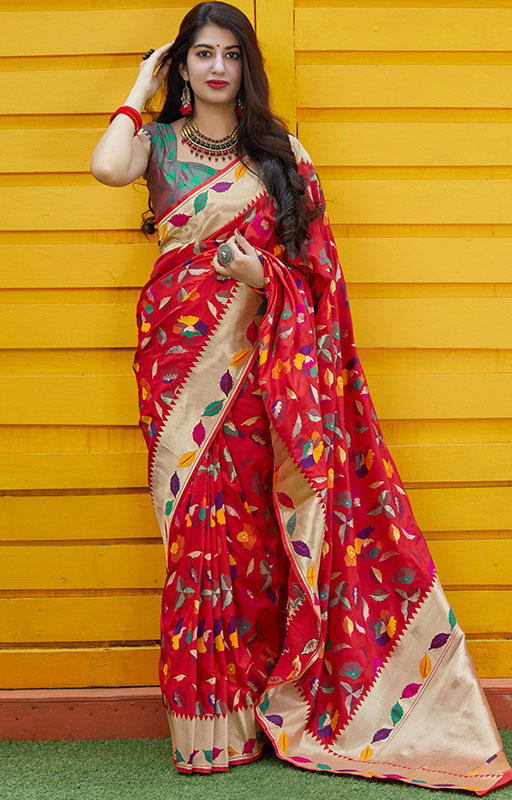 Red Silk Multi colored Saree