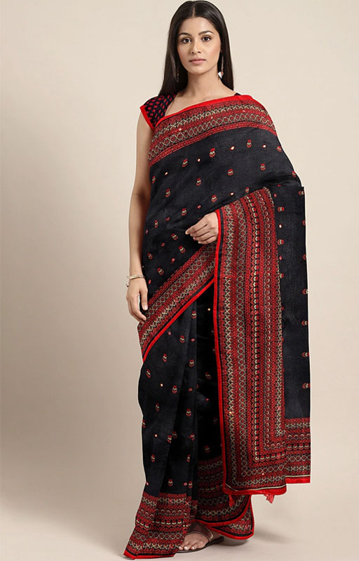 Black And Red Jute Silk Saree