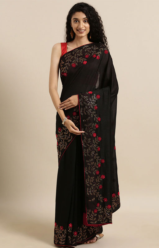 Black Vichitra Poly Silk Solid Saree with Embellished Border Saree