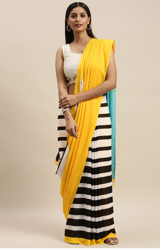 Black & White Pure Georgette Striped Saree
