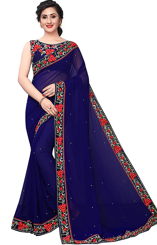Blue Saree With Embroidered Blouse