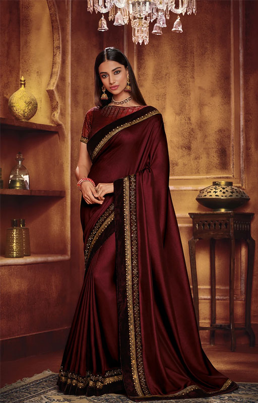 Dark Brown Zari Work Saree