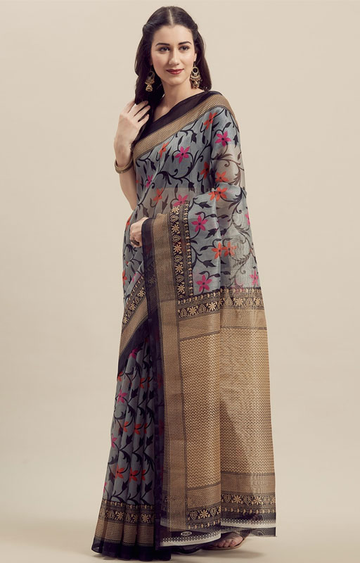 Grey & Gold-Toned Art Silk Printed Saree