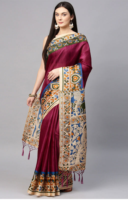 Magenta & Beige Bhagalpuri Saree