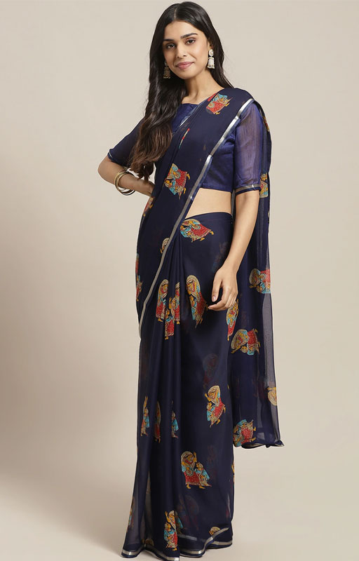 Navy Blue & Beige Printed Saree