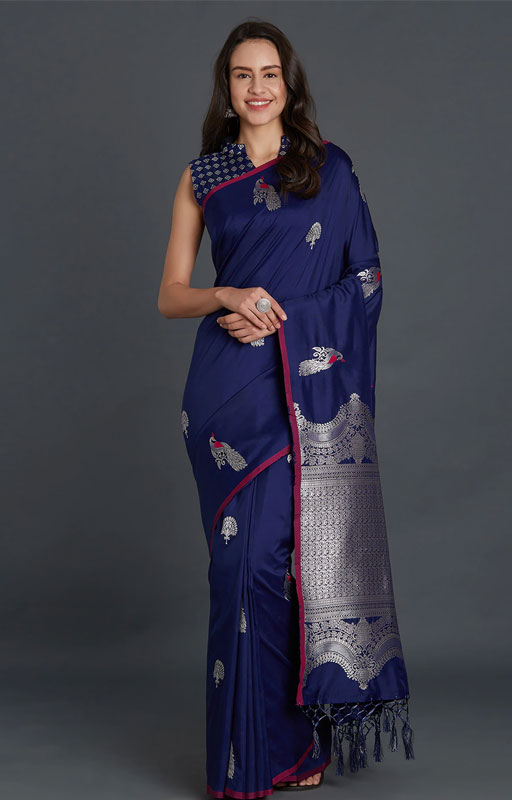 Navy Blue Silk Blend Solid Banarasi Saree