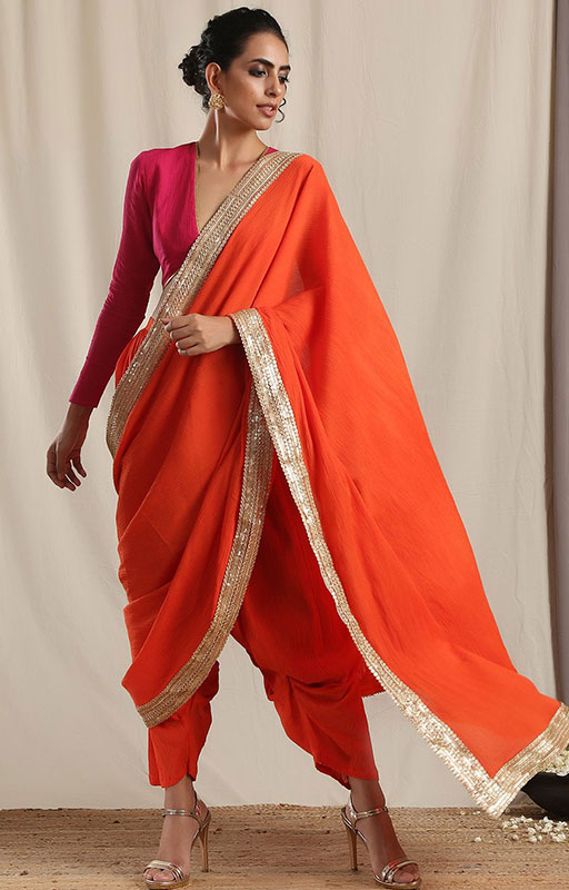 Orange Crinkle Ready To Wear Saree