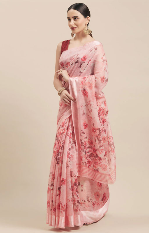 Pink Printed Cotton Blend Saree