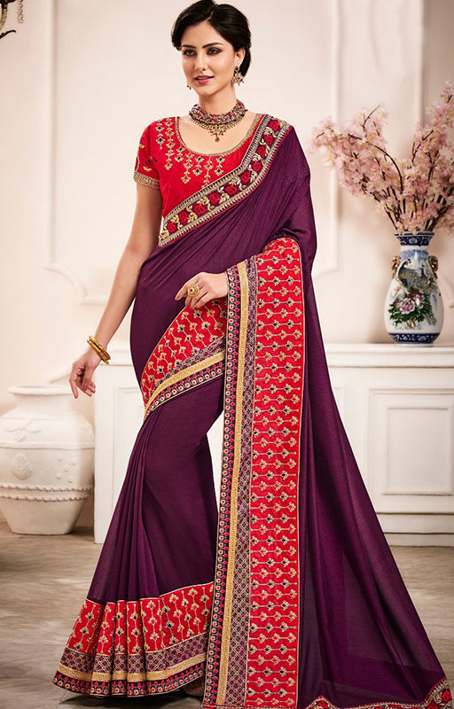 Purple And Red Designer Saree