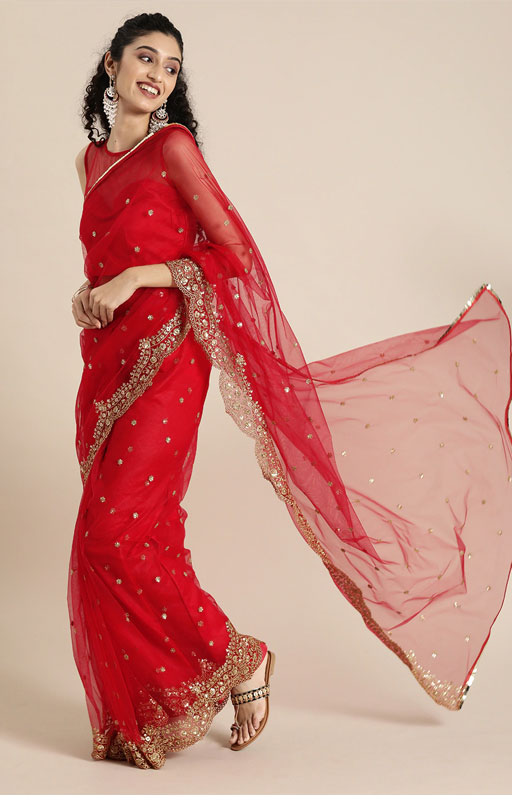 Red & Gold-Toned Net Embroidered Saree