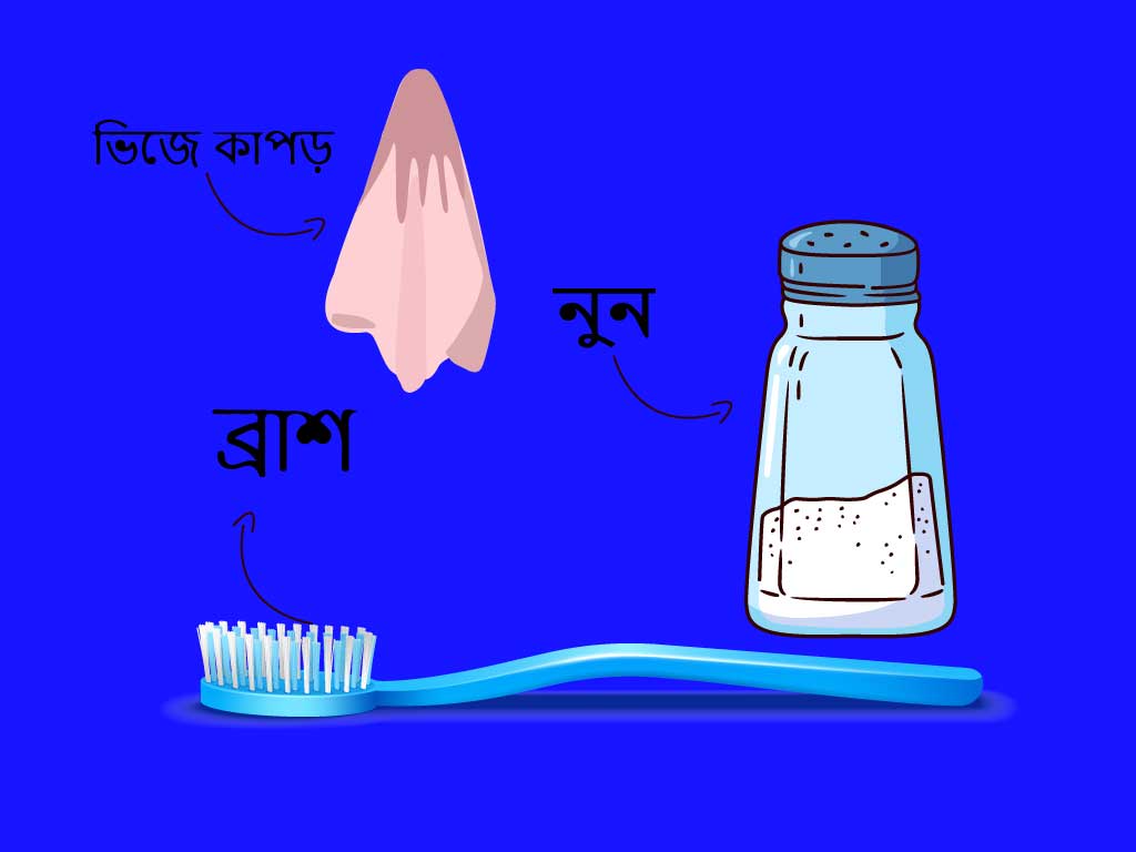 নুন, ব্রাশ, ভিজে কাপড়